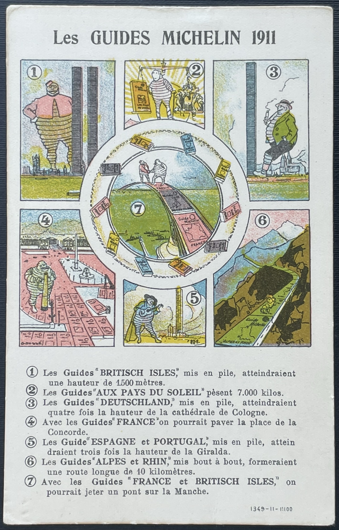 Aus dem Jahr 1911 stammt diese Ansichtskarte, die das Bibendum auf sieben verschiedenen Bildern zeigt, bei denen es um Rekorde in Bezug auf die Auflage der verschiedenen Reiseführer des Unternehmens geht