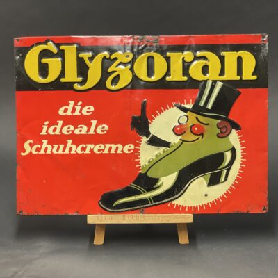GLYZORAN - Die ideale Schuhcreme. Seltenes Blechschild, geprägt und lithographiert, um 1910