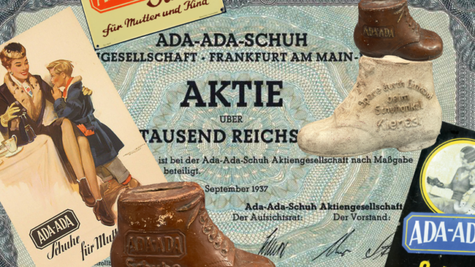 Eine Vintage-Collage zeigt eine Ada-Ada-Schuh-Aktie aus dem Jahr 1937, Anzeigen und Stiefelmodelle aus Ton. Mit Schwerpunkt auf der Frankfurter Schuhmarke illustriert sie die Schuhmode einer Familie anhand ansprechender Werbetexte und Schuhbilder und feiert die spannende Geschichte von ADA-ADA.