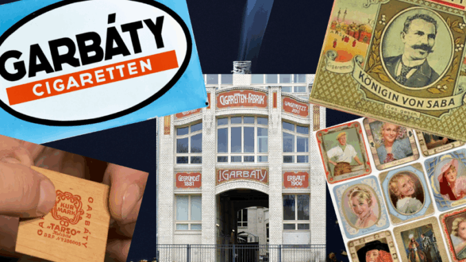 Eine Collage mit dem historischen Fabrikgebäude von Garbáty in der Mitte, umgeben von alten Anzeigen des Berliner Zigarettenimperiums, einer alten Streichholzschachtel, Sammelkarten und einem großen „Garbáty Cigaretten“-Logo, alles vor einem dunklen Hintergrund.