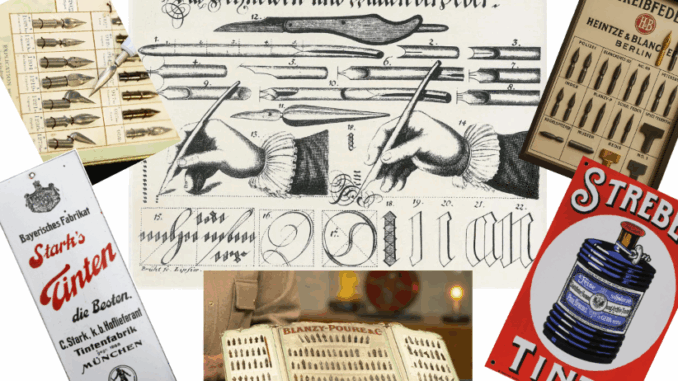 Eine Collage aus Werbung für Vintage-Federfedern, Kalligrafiebeispielen, Tintenfässern, verzierten Goldfeder-Ausstellungen, deutschen Inschriften, Abbildungen von Händen, die mit Schreibfedern schreiben, und altmodischen Strichen ruft ein historisches europäisches Schreibthema hervor.