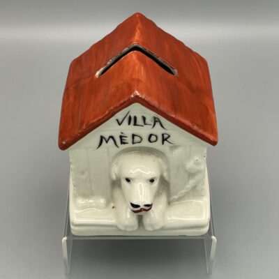 Hund schaut aus seiner Hütte (Villa Mèdor) - Keramik-Spardose um 1920/30 - René Delaunay, St. Uze (Frankreich)