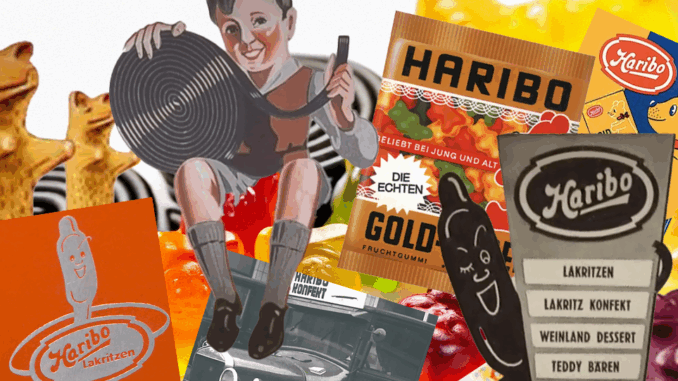 Eine Collage zeigt alte und moderne Haribo-Werbung, einen Jungen mit einer Lakritzrolle, klassische Gummibärchen, einen Haribo-Lieferwagen, Produktverpackungen, eine Lakritzfigur und bunte Haribo-Gummibärchen im Hintergrund.