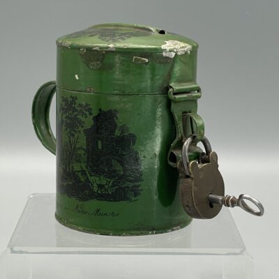 Blech-Spardose, Ruinen Nieder Münster, Schmetterlinge - um 1900, mit Schloss u. Schlüssel