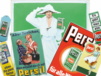Einige von vielen existierenden Emailschildern mit Reklame für Persil. Persil schrieb nicht nur Reinigungs-, sondern auch Werbegeschichte – mit weißen Damen, fliegenden Botschaften und leuchtenden Uhren. Eine Reise durch fast 120 Jahre Markenmagie. (Collage: Sammler.Net mit Bildmaterial von Pari Auktionen, Micky Waue Auktionen und der Wormser Reklame-Auktion)