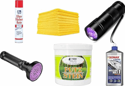 Eine Sammlung nützlicher Utensilien für Schildersammler Glasreiniger, gelbe Mikrofasertücher, zwei schwarze UV-Taschenlampen, eine weiße Wanne mit der Aufschrift "Putz Stein" und Sonax Xtreme Brilliant Wax 1, alles auf weißem Hintergrund.