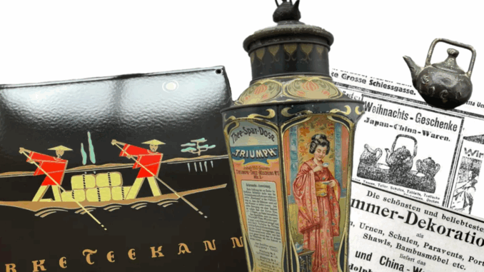 Eine Collage mit einer schwarzen Dose mit goldenen und roten Ruderern, einer alten Teekanne mit einer Frau im Kimono, einer schwarzen eisernen Teekanne und einer alten deutschen Zeitungsanzeige, die das älteste Warenzeichen Deutschlands hervorhebt.