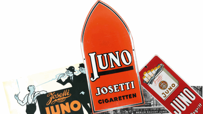 Eine Collage aus alten "Juno Josetti Cigaretten"-Werbungen zelebriert den kühnen Retro-Stil der Berliner Marke, mit einem roten Schild mit klassischem Text und Plakaten, die die 120-jährige Geschichte dieser kultigen Marke hervorheben.