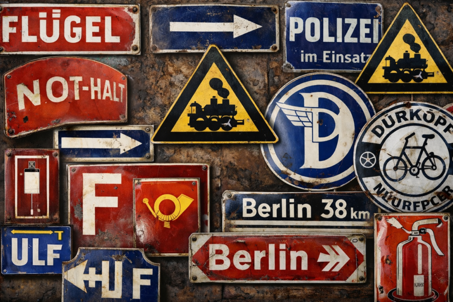 Hier geht es um originale Schilder aus Industrie, Verkehr und Alltag.