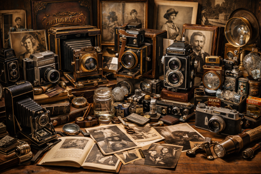 Historische Kameras, Bilder und fotografische Sammelstücke.