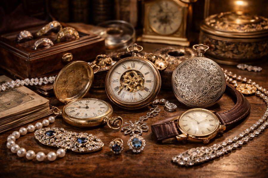 Historische Uhren, Schmuckstücke und edle Sammlerobjekte.