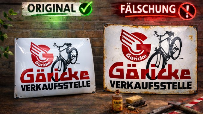Ein gefälschtes Emailschild Göricke Verkaufsstelle (rechts) und ein Original (links). Die Schilder unterscheiden sich unter anderem durch die Größe und die Emailliertechnik.