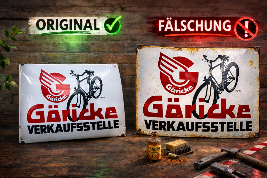 Eine moderne, künstlich gealterte Reproduktion des Göricke-Emailschildes (rechts) und ein Original (links). Die Schilder unterscheiden sich unter anderem durch die Größe und die Emailliertechnik.