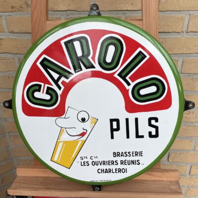 CAROLO PILS Charleroi - Sehr seltenes belgisches Emailschild, Forémail 1953