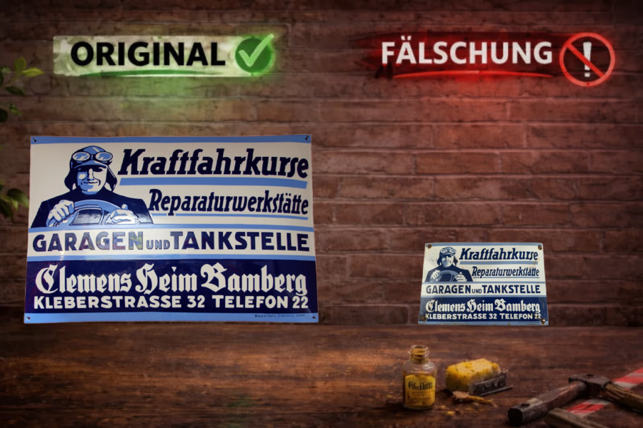 Während das Original stolze 75 x 50 cm misst, fällt das Fake mit 30 x 20 cm winzig aus. Doch wer nur das kleine Schild auf einem Markt oder im Netz entdeckt, und das echte Schild nicht kennt, dürfte leicht in die Falle tappen.