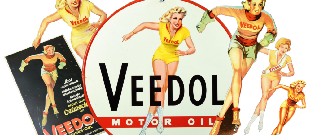 Die Veedol-Frau zählt zu den bekanntesten Reklamefiguren der Werkstattkultur. Seit den fünfziger Jahren erschien die Schlittschuhläuferin in zahlreichen Varianten.