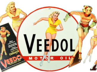 Die Veedol-Frau zählt zu den bekanntesten Reklamefiguren der Werkstattkultur. Seit den fünfziger Jahren erschien die Schlittschuhläuferin in zahlreichen Varianten.