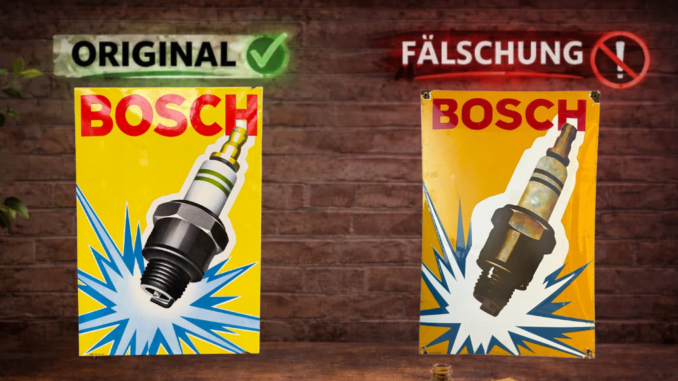 Original vs. Fälschung: Bosch Emailschild mit Zündkerze