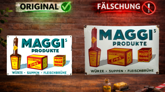 Original Emailschild mit Reklame für die Produkte von Maggi aus der Zeit um 1920 (links) und rezente Fälschung (rechts).