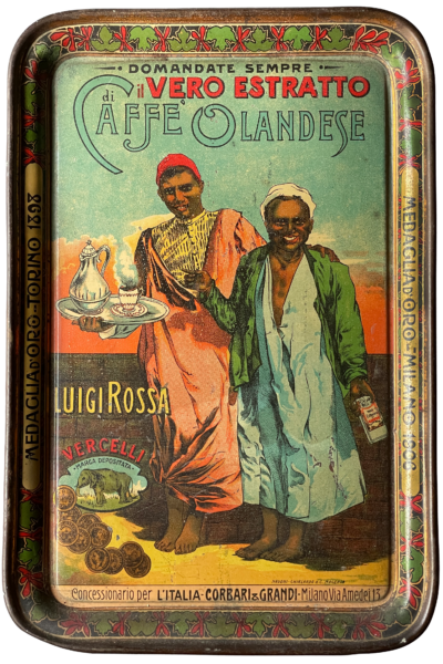 Tablett, Blech fein lithographiert, Mailand/IT um 1910, 24 x 35 cm, Navoni Ghirlanda & Co, Magenta, selten.  Das markenrechtlich geschützte Elefantenzeichen (Marca depositata) verbindet sich hier mit der Produktbezeichnung „vero estratto di Caffè Olandese“ und verweist auf die frühe Markenbildung im italienischen Kaffeeersatzmarkt. (Bild: Fundus Sammler.Net)