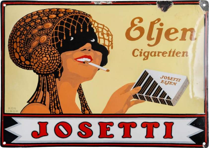 Gewölbtes Emailschild „Josetti Eljen“, schabloniert und lithografiert, signiert „KON LINON“. Der markante Entwurf zählt zu den eindrucksvollsten Darstellungen des Berliner Lebensgefühls der 1920er-Jahre. 