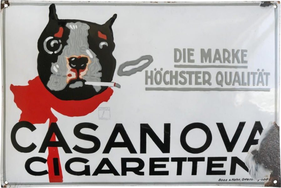 Gewölbtes Emailschild „Casanova Cigarettes“, schabloniert und lithografiert, hergestellt von Boos & Hahn, Ortenberg-Baden. 