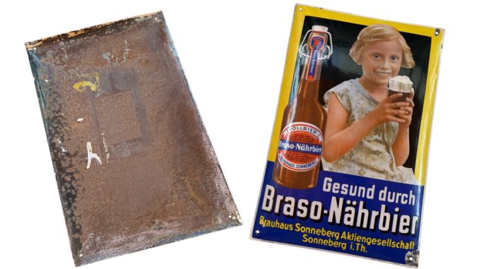 „Gesund durch Braso-Nährbier“: 1930er Jahre Emailschild aus Thüringen (Screenshot: eBay)