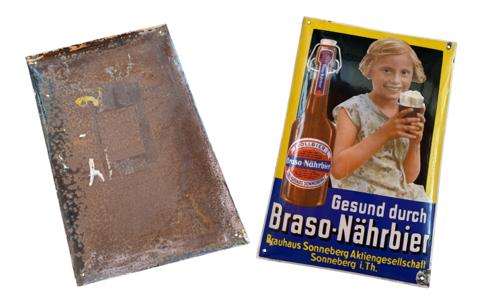 „Gesund durch Braso-Nährbier“: 1930er Jahre Emailschild aus Thüringen (Screenshot: eBay)