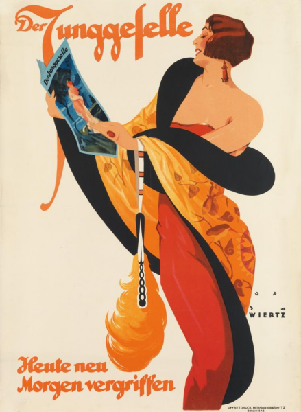 Frauen waren für Wiertz keine gewöhnlichen Konsumentinnen, sie waren Erscheinungen. Dies wird auch auf dieser Arbeit, ein Reklameplakat für das Magazin "Der Junggeselle" (um 1925) deutlich.