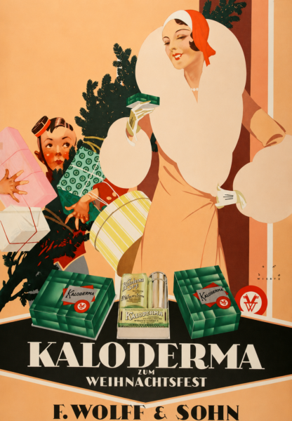 Kaloderma war eine Luxus-Kosmetikmarke, für die Jupp Wiertz in den 1920er-Jahren eine ganze Serie von Werbeplakaten entwarf. Jedes Motiv zeigte eine elegante Frau zusammen mit einem der Produkte.
