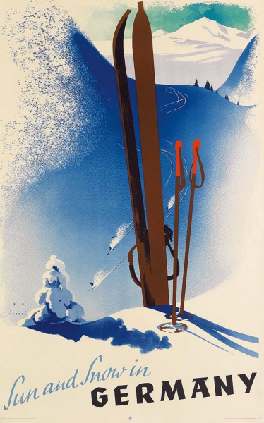 Für die  Reichsbahnzentrale fur den Deutschen Reiseverkehr in Berlin entwarf Jupp Wiertz 1927 dieses Plakat auf dem für Skiurlaub in Deutschland geworben wird.