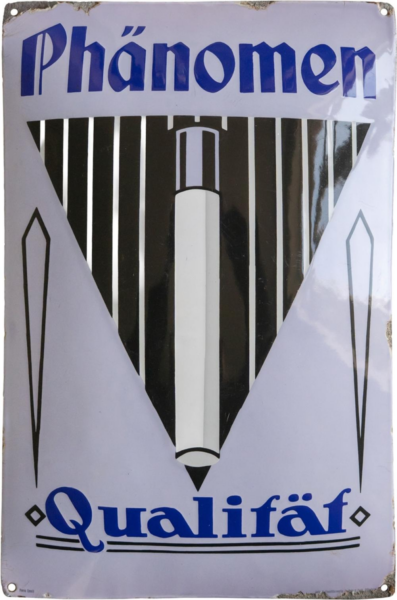 Gewölbtes Emailschild „Phänomen Cigarettes“, schabloniert und emailliert, hergestellt von Ferro Email – Aetz & Emaillierwerke C. Robert Dold, Offenburg.