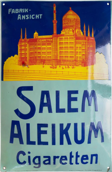 Gewölbtes Emailschild „Sulima Revue Cigarettes“, schabloniert und lithografiert, hergestellt vom Emaillierwerk Peters, Elberfeld.