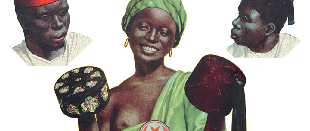 Fez, Lagos und andere Kopfbedeckungen aus Afrika auf einem Plakat um 1930