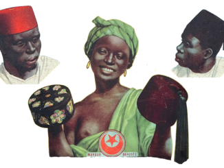 Fez, Lagos und andere Kopfbedeckungen aus Afrika auf einem Plakat um 1930