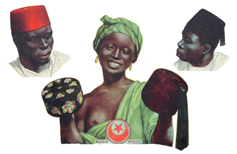 Fez, Lagos und andere Kopfbedeckungen aus Afrika auf einem Plakat um 1930