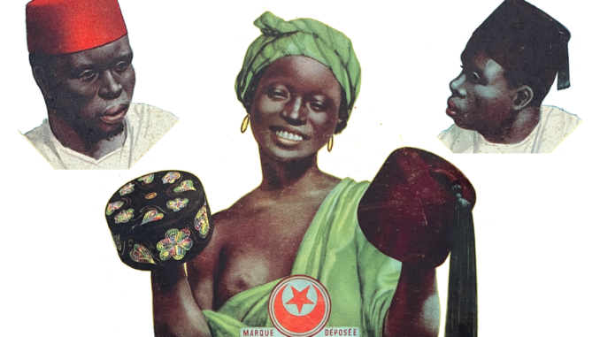 Fez, Lagos und andere Kopfbedeckungen aus Afrika auf einem Plakat um 1930