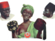 Fez, Lagos und andere Kopfbedeckungen aus Afrika auf einem Plakat um 1930