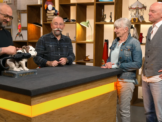 Birgit und Ralf Vetter brachten die Hugendubel-Werbefigur zu „Bares für Rares“. Ihr Wunschpreis: 200 Euro. (Screenshots: ZDF)