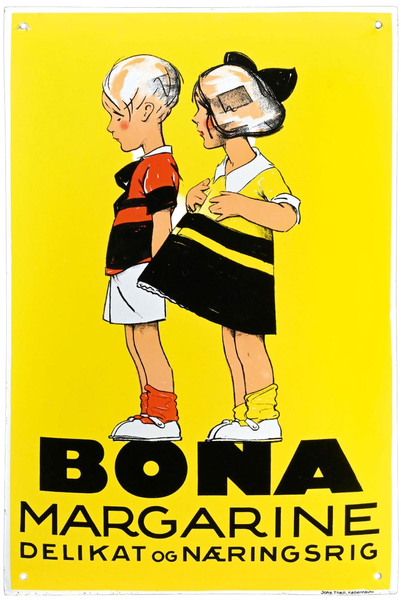BONA Margarine erzielte 32.000 Euro.
Das gewölbte, 40 x 60 cm große Emailschild entstand um 1930 bei Johs. Thejll in København.