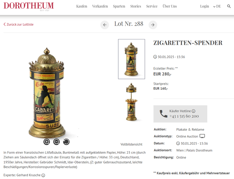 Zum Vergleich: Am 30. Januar 2025 wurde ein solcher Zigarettenspender in nahezu gleich guter Erhaltung im Wiener Dorotheum für 280€ zzgl. Käuferprovision versteigert. (Screenshot: Dorotheum)