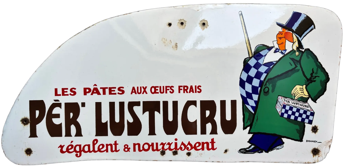 Los 216: Père Lustucru, äußerst seltenes originales Emailschild für Straßenbahnen, signiert „Dransy“. Maße: 68 × 32 cm