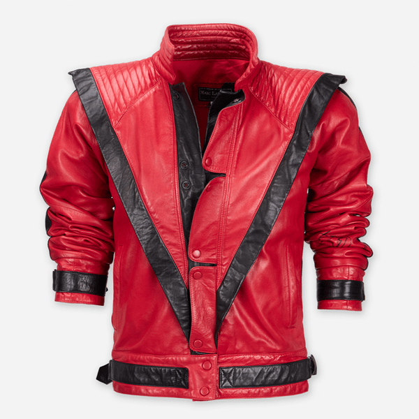 Michael Jacksons legendäre rot-schwarze Lederjacke aus dem Musikvideo „Thriller“ (1983), die bei Julien’s Auctions im Dezember 2026 versteigert wird.
© Julien’s Auctions