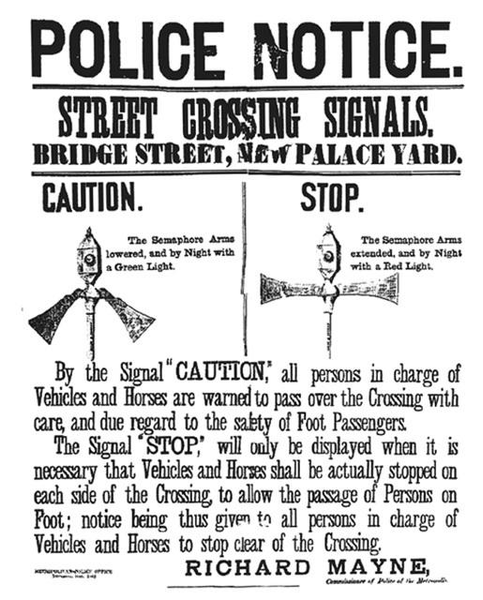 So wurde die erste Verkehrsregelungsanlage vor dem britischen Parlament dokumentiert: Die 1868 in London installierte Anlage kombinierte bewegliche Signalarmes mit roten und grünen Gaslichtern. Ein Polizist bediente den Mechanismus von Hand.
(Bildnachweis: Richard Mayne / Wikimedia Commons)